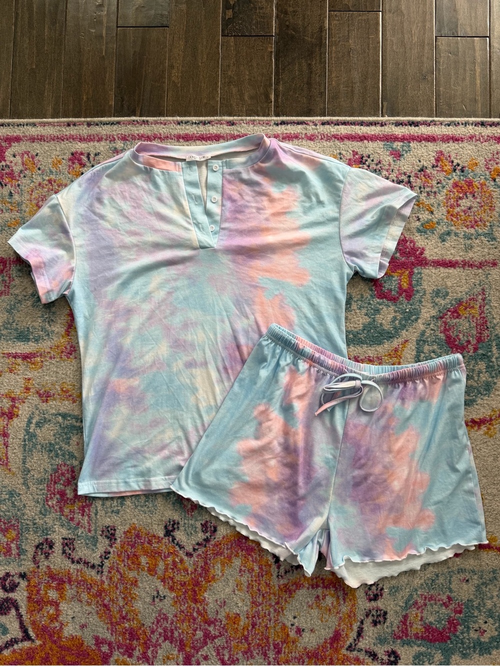 Pastel Tie-Dye Henley Sleep Top & Shorts Set - Womens - Pastel Blue/Pink